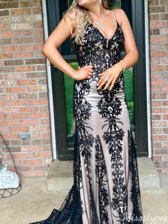 Sexy V-neck Spaghetti Strap Mermaid Long Prom Dress Ideas, Evening Party Dresses,ZX874