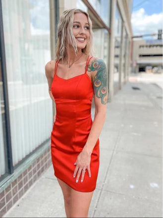 Red Simple Round-Neck Spaghetti Strap Satin New Arrival Homecoming Dresses,HM187