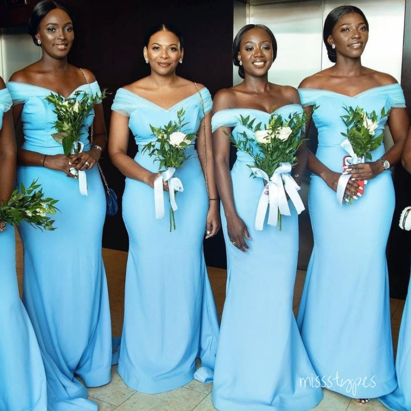 Simple Blue Mermaid Off Shoulder Long Bridesmaid Dresses Online, BL74