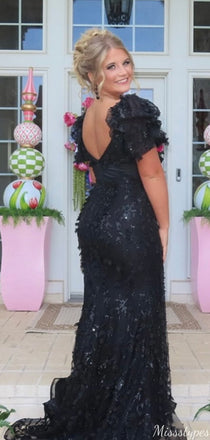 Formal Short Sleeves Unique Lace Mermaid Long Prom Dress Ideas, Evening Party Dresses,ZX881
