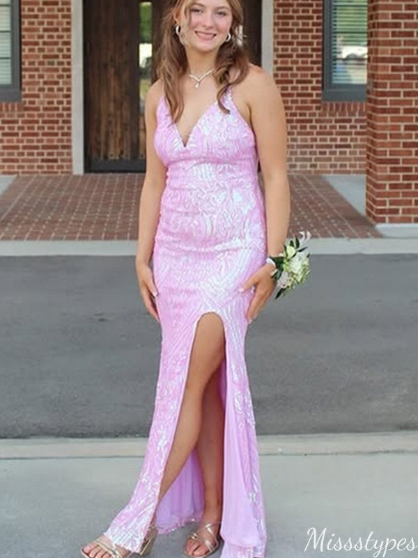 Elegant V-neck Spaghetti Strap Mermaid Long Prom Dress Ideas, Evening Party Dresses,ZX891