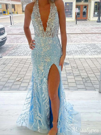Sexy V-neck Halter Mermaid Long Prom Dress Ideas, Evening Party Dresses,ZX541