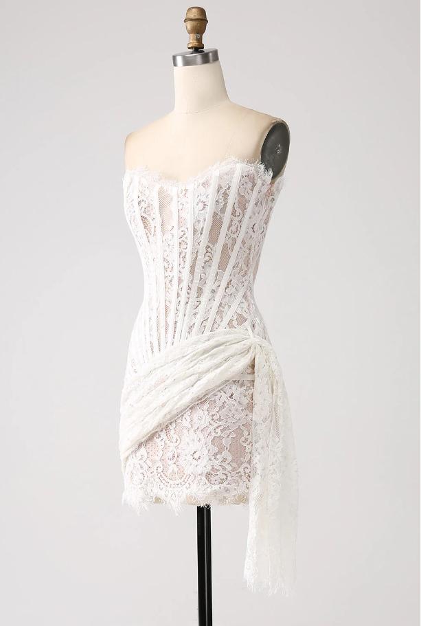 White Appliqued Herringbone Strapless Sexy Mini Homecoming Dresses, HM84