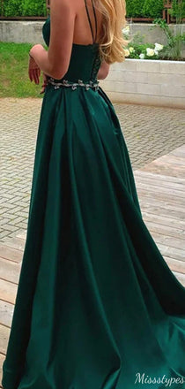 Elegant Spaghetti Strap V-neck A-line Long Prom Dress Ideas, Evening Party Dresses,ZX897