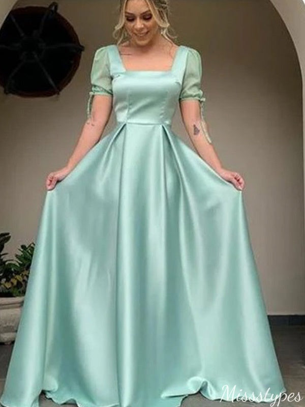 Elegant Square Short Sleeves A-line Long Prom Dress Ideas, Evening Party Dresses,ZX898