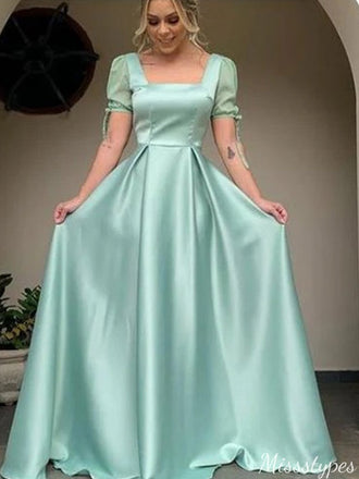 Elegant Square Short Sleeves A-line Long Prom Dress Ideas, Evening Party Dresses,ZX898