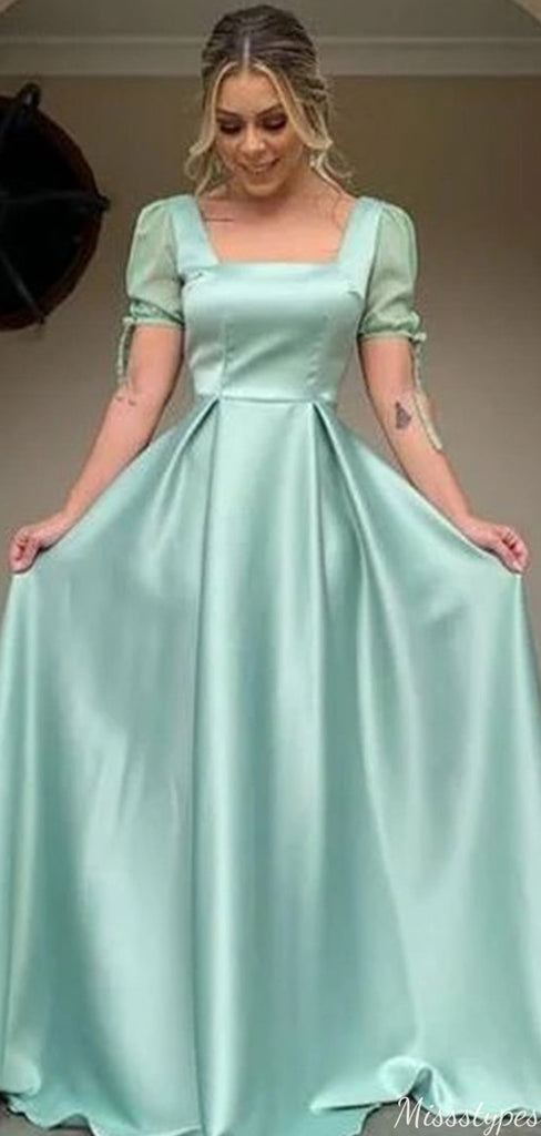 Elegant Square Short Sleeves A-line Long Prom Dress Ideas, Evening Party Dresses,ZX898