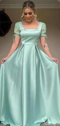Elegant Square Short Sleeves A-line Long Prom Dress Ideas, Evening Party Dresses,ZX898