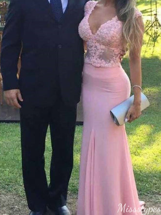 Elegant V-neck Lace Mermaid Long Prom Dress Ideas, Evening Party Dresses,ZX901