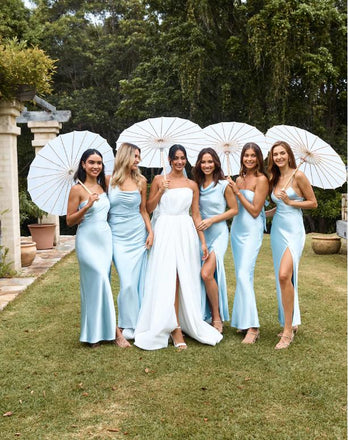 Women Blue Side Slit Soft Sexy Floor-Length Bridesmaid Dresses Online, BL63