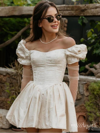 Vintage Off Shoulder Pleat White A-Line Mini New Arrival Homecoming Dresses,HM139
