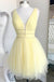 Gorgeous V-Neck Beaded Spaghetti Strap Yellow Tulle Mini New Arrival Homecoming Dresses,HM168