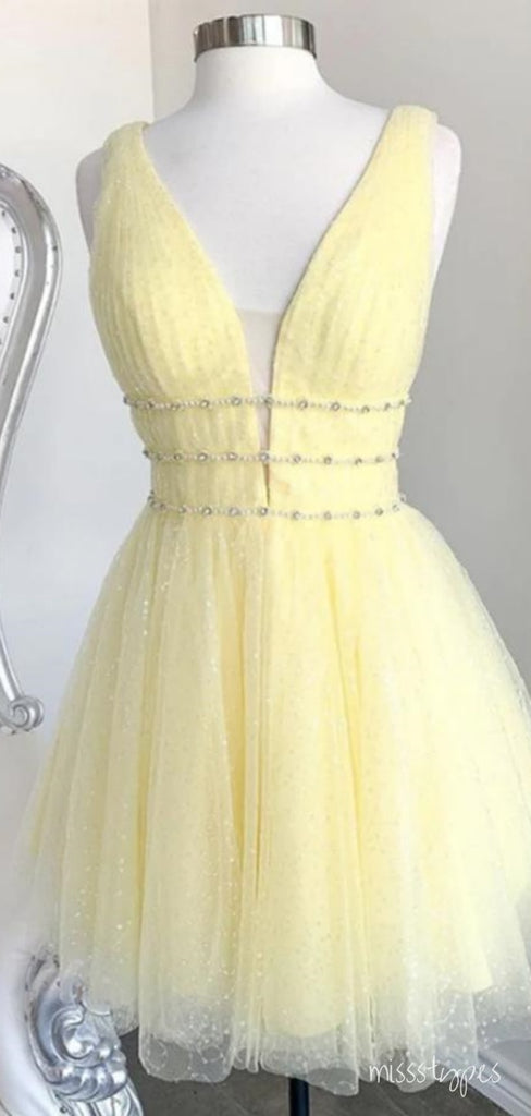 Gorgeous V-Neck Beaded Spaghetti Strap Yellow Tulle Mini New Arrival Homecoming Dresses,HM168