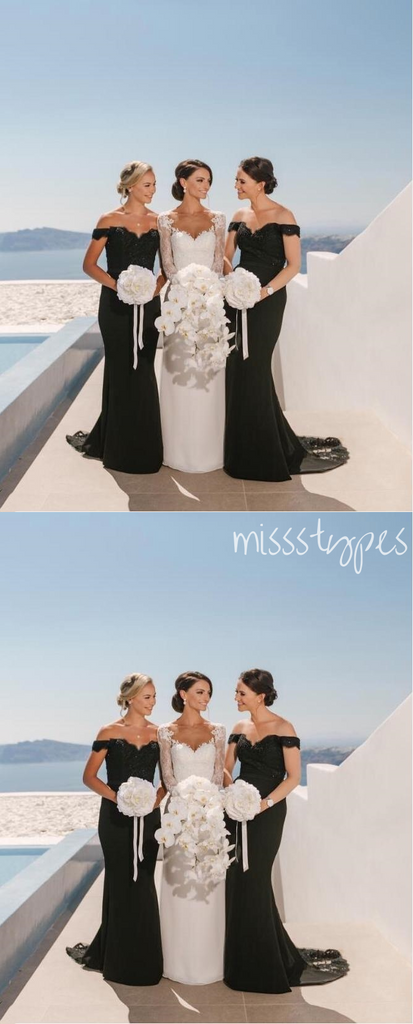 Regency Black Off Shoulder Mermaid With Trailing Bridesmaid Dresses Online, BL80