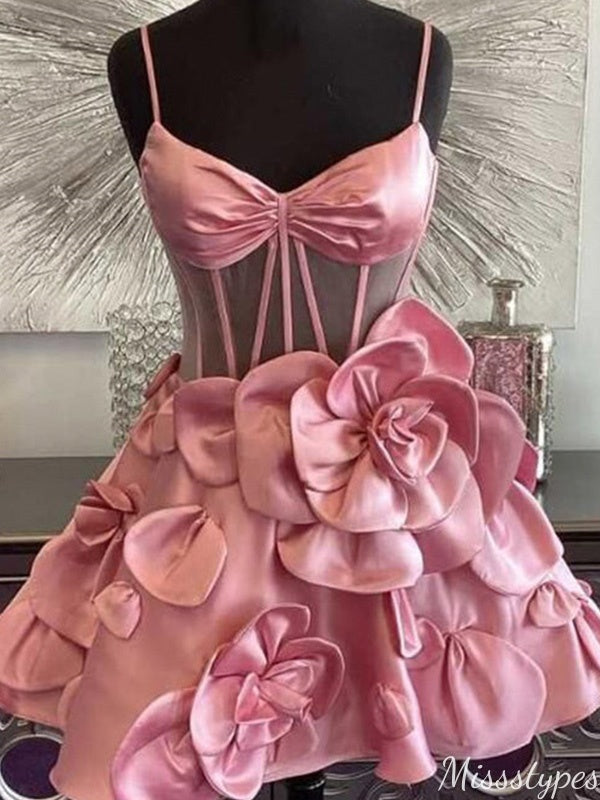 Elegant Spaghetti Strap V-neck Pink A-line Short Mini Homecoming Dress,HM348