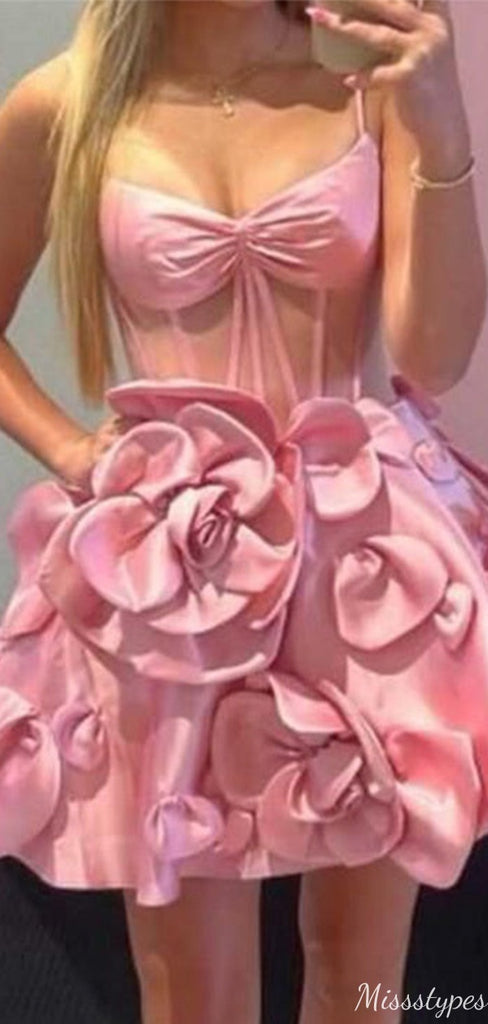 Elegant Spaghetti Strap V-neck Pink A-line Short Mini Homecoming Dress,HM348