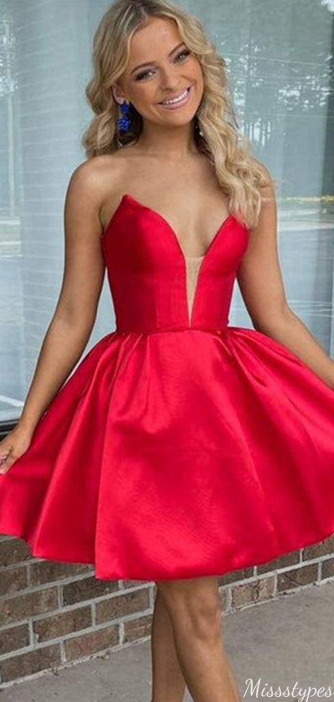 Elegant V-neck Notched Strapless A-line Short Mini Homecoming Dress,HM351