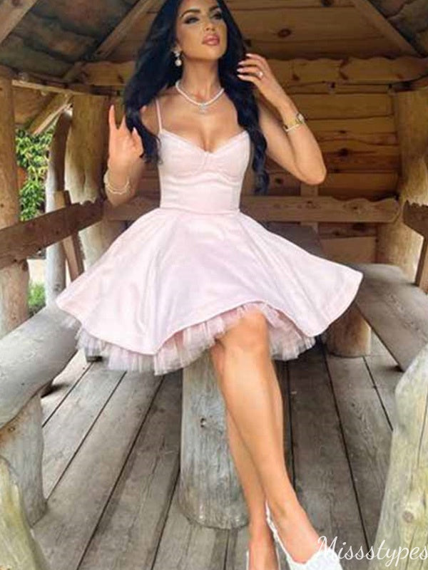 Elegant Spaghetti Strap V-neck A-line Short Mini Homecoming Dress,HM355