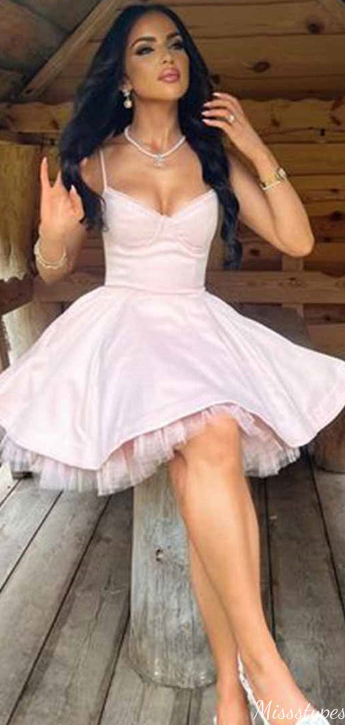 Elegant Spaghetti Strap V-neck A-line Short Mini Homecoming Dress,HM355