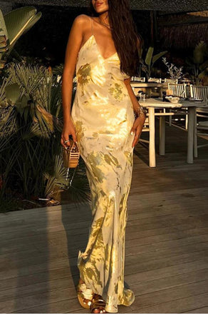 Elegant Gold Sweetheart Spaghetti Strap V-Neck Appliqued Mermaid Long Prom Evening Dress,ZX341