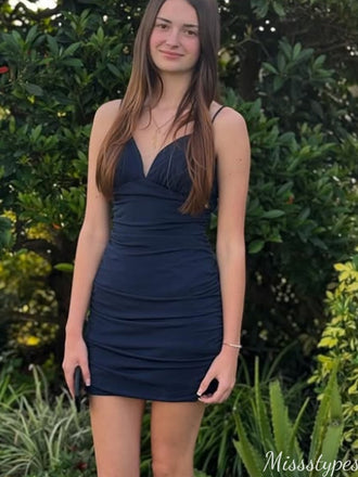 Casual Spaghetti Strap V-neck Sheath Short Mini Homecoming Dress,HM358