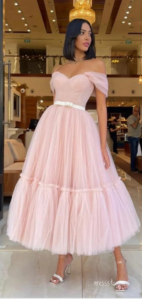 Princess Tulle Off Shoulder Pink Empire Ruffle Party Prom Evening Dress,ZX190