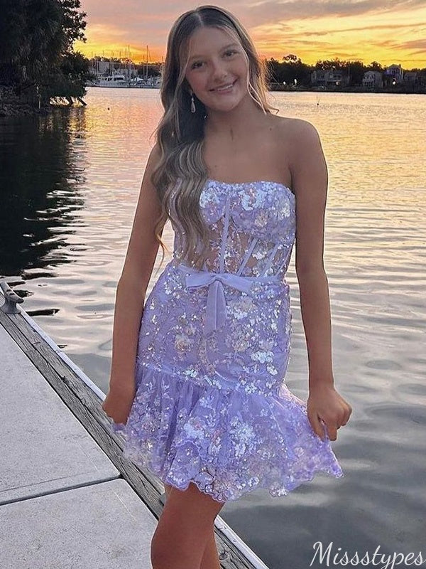 Gorgeous Strapless Lace Sheath Short Mini Homecoming Dress,HM363