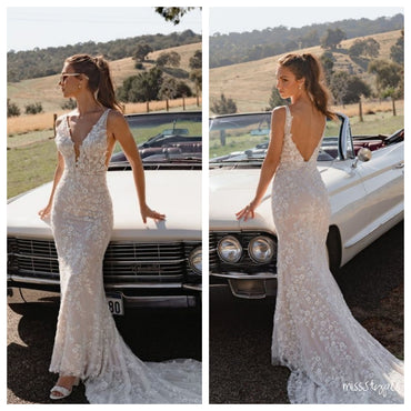 Elegant White Backless Mermaid V-Neck Spaghetti Strap Appliqued Long Wedding Dresses HS16