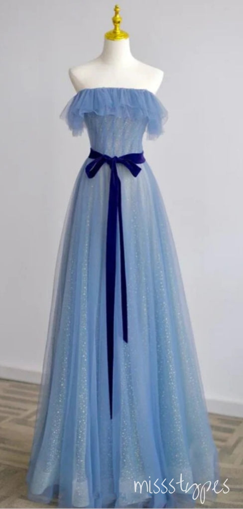 Simple Tulle Blue Sweetheart Floor-Length A-Line Fashion Prom Dresses,ZX159