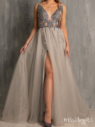Sparkly Side Split Elegant V-Neck Modest Free Fashion Mermaid Prom Dresses,ZX87