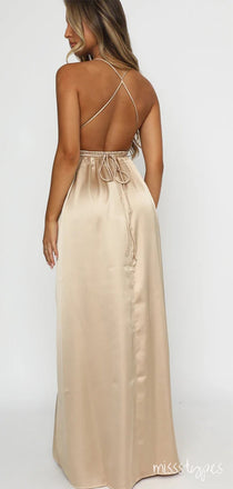 Sexy Champagne V-Neck Spaghetti Strap Backless Long Soft Prom Dresses,ZX78