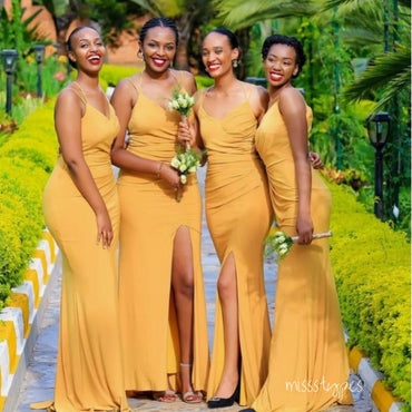 Sunset Yellow Side Slit Spaghetti Strap Sweetheart Cheap Sexy Mermaid Long Bridesmaid Dresses Online, BL133