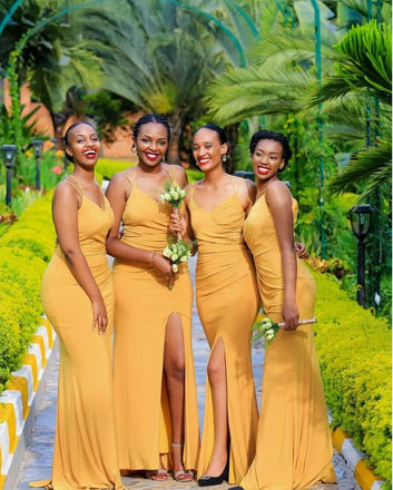Sunset Yellow Side Slit Spaghetti Strap Sweetheart Cheap Sexy Mermaid Long Bridesmaid Dresses Online, BL133
