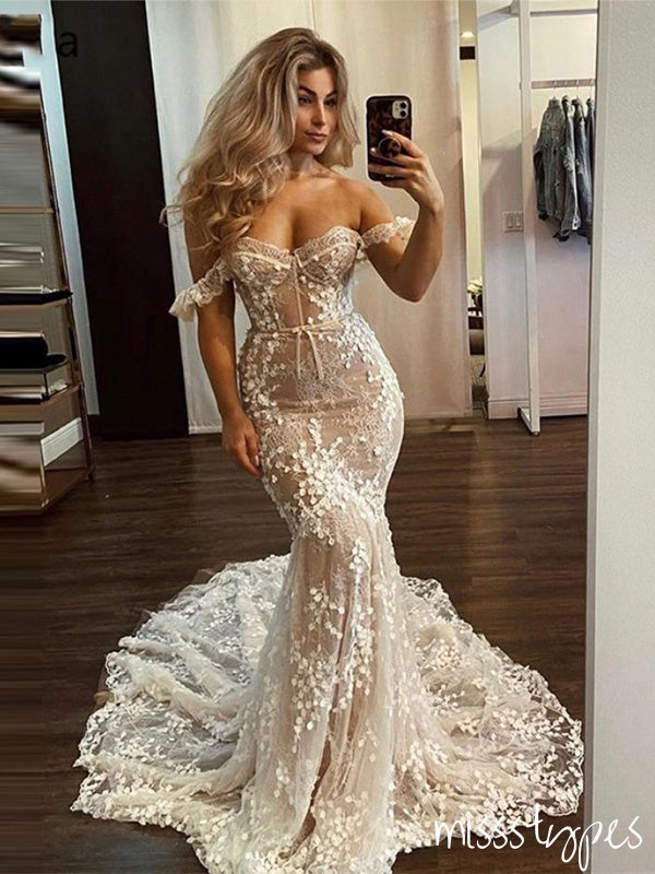 Elegant Princess White Sweetheart Off Shoulder Mermaid With Trailing Tulle Wedding Dresses HS03