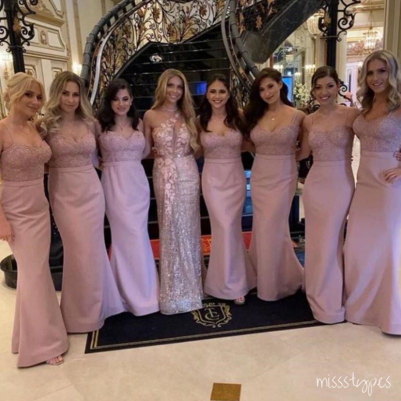 Pink Appliqued Classy Women V-Neck Long Bridesmaid Dresses Online, BL73