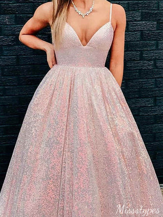 Gorgeous V-neck Spaghetti Strap A-line Long Prom Dress Ideas, Evening Party Dresses,ZX549