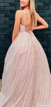 Gorgeous V-neck Spaghetti Strap A-line Long Prom Dress Ideas, Evening Party Dresses,ZX549