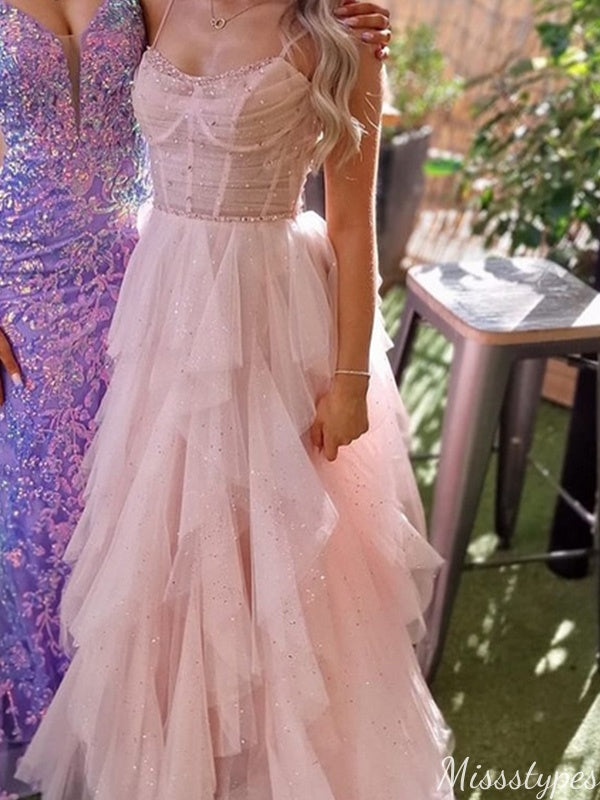 Elegant Spaghetti Strap A-line Long Prom Dress Ideas, Evening Party Dresses,ZX944
