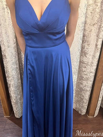 Elegant Spaghetti Strap V-neck A-line Long Prom Dress Ideas, Evening Party Dresses,ZX945