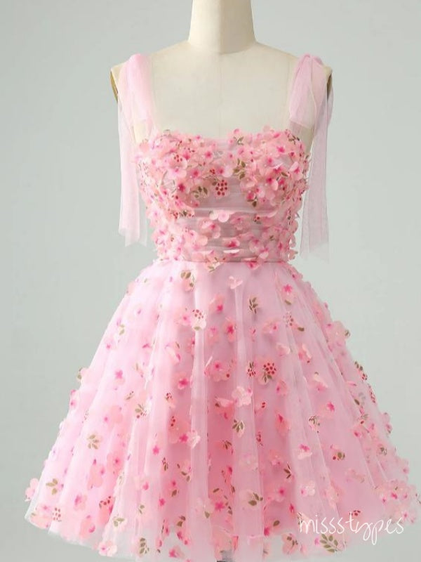 Flower Pink Beautiful Spaghetti Strap Tulle A-Line Mini Homecoming Dresses, HM79