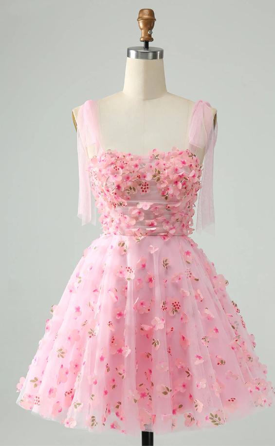 Flower Pink Beautiful Spaghetti Strap Tulle A-Line Mini Homecoming Dresses, HM79