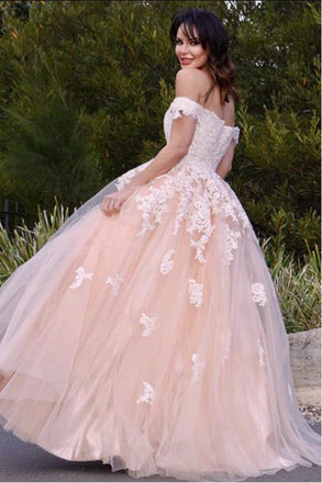 Pink Tulle Charming Appliqued Off Shoulder A-Line Long Prom Evening Dress,ZX260