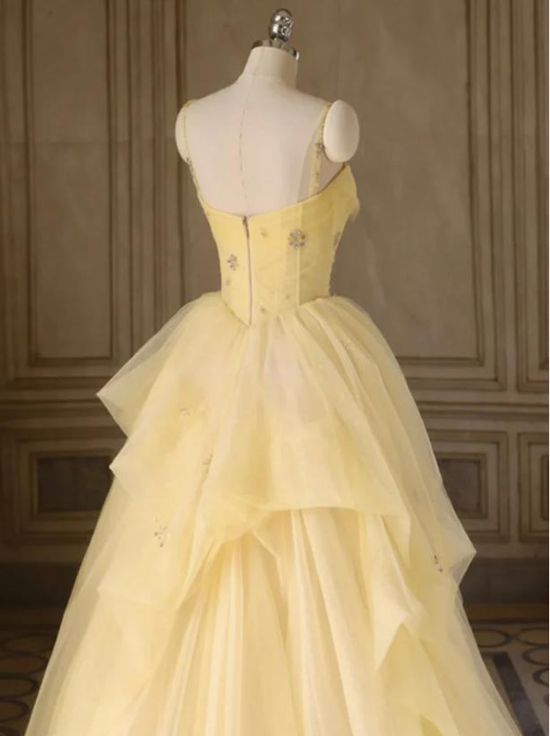 Lemon Square Tulle Ball Gown Empire Spaghetti Strap Long Prom Evening Dress,ZX302