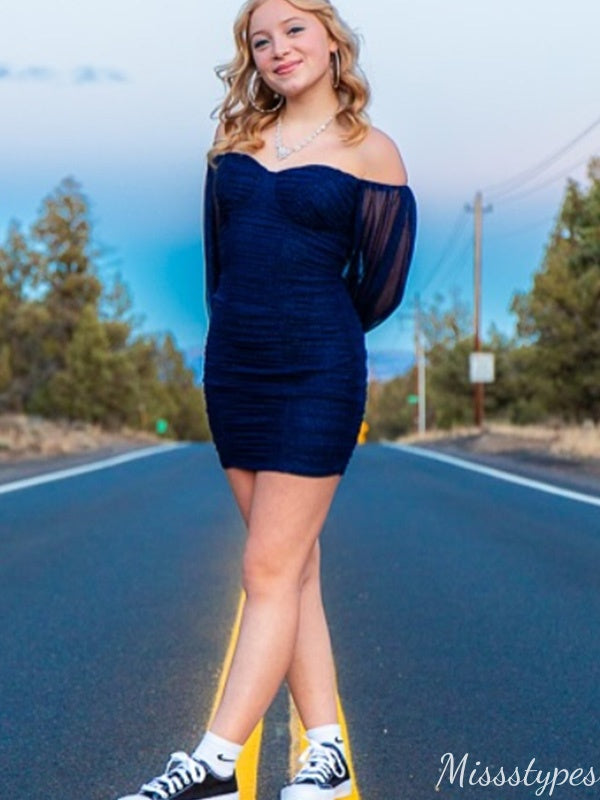 Casual Off-shoulder Long sleeves Sheath Short Mini Homecoming Dress,HM380