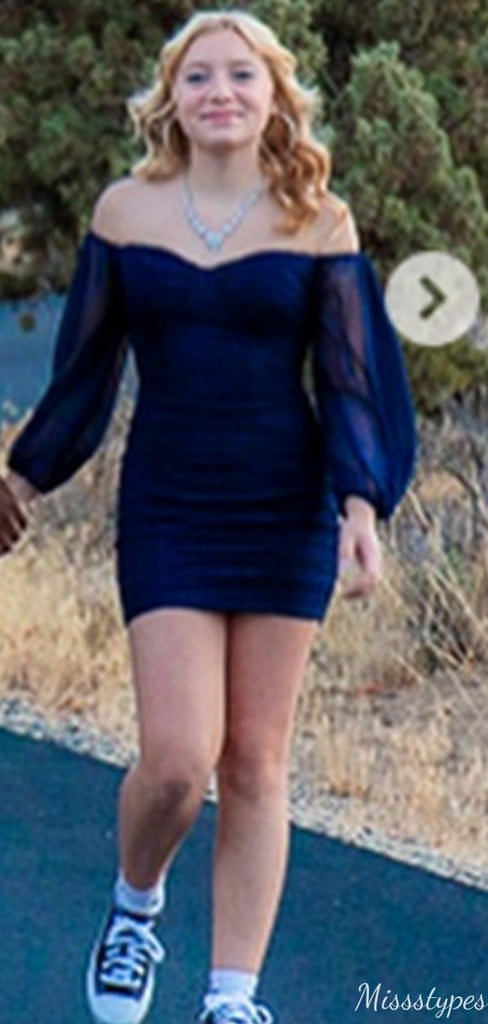 Casual Off-shoulder Long sleeves Sheath Short Mini Homecoming Dress,HM380