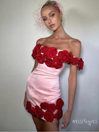 Trendy Red Flowers Cocktail Summer Pink Short Party Homecoming Dresses,HM190