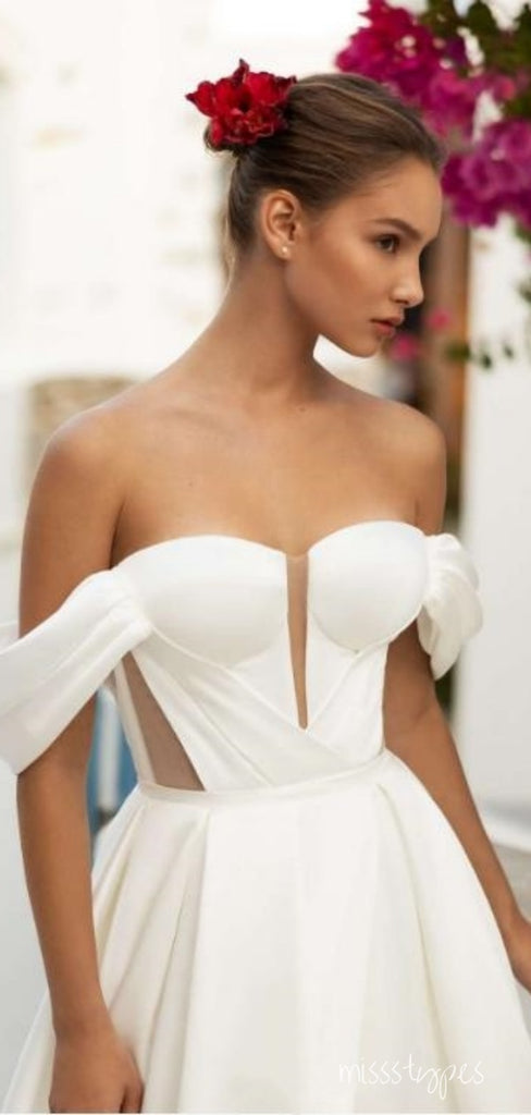 Popular Women Off Shoulder White Long A-Line Fashion Wedding Dresses,HS86