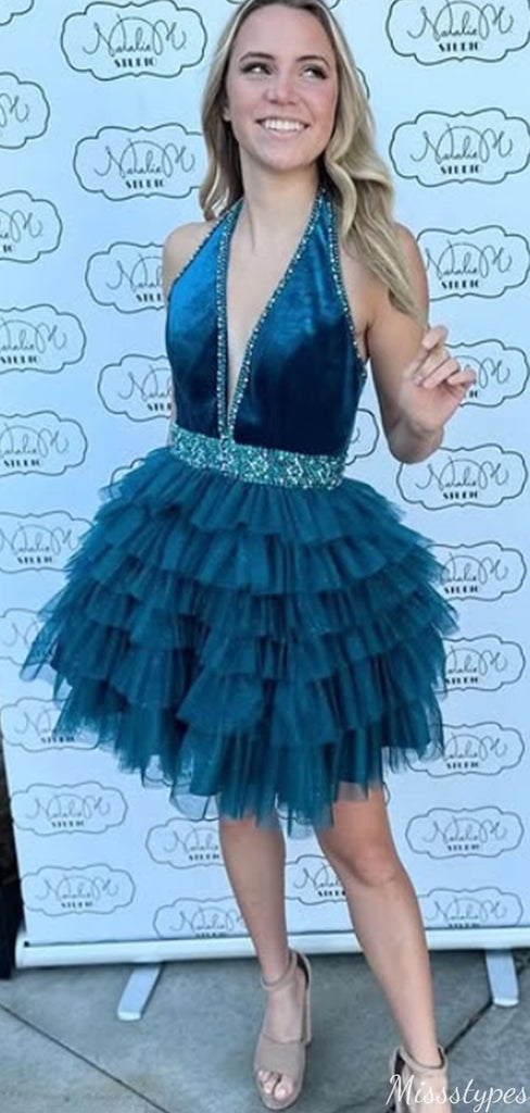 Gorgeous Halter V-neck A-line Short Mini Homecoming Dress,HM392