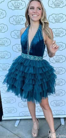 Gorgeous Halter V-neck A-line Short Mini Homecoming Dress,HM392