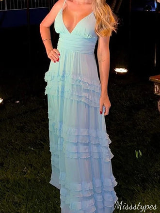 Elegant V-neck Spaghetti Strap Chiffon A-line Long Prom Dress Ideas, Evening Party Dresses,ZX552